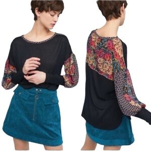 Anthropologie TINY Raye Black Floral
Sheer Sleeve Top Boho Round Neck Sz M